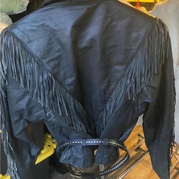 Women's Black Fringe Leather Jacket - Picture 2 of 6